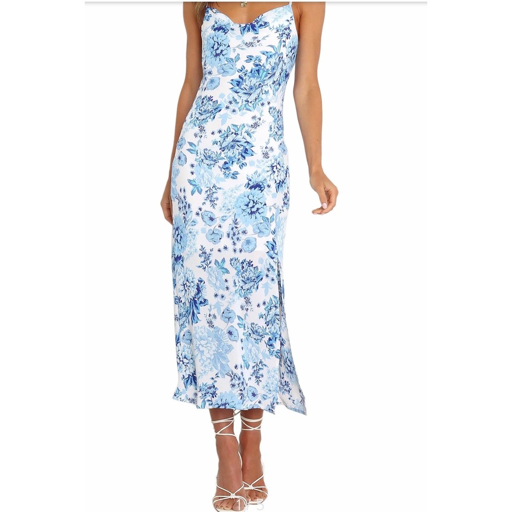 Petal + Pup Floral Midi Dress Womens Size 10 Blue White Cowl Neck Open Back Slit
